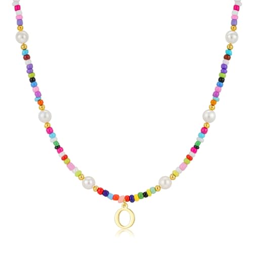 M MOOHAM Collares coloridos con inicial para niñas, gargantilla de perlas con cuentas para mujeres, adolescentes y niñas, collar bohemio colorido de verano, joyería personalizada, regalos de