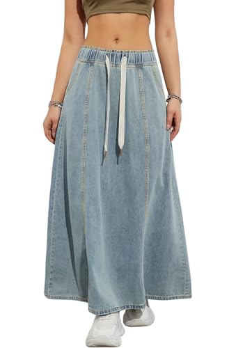chouyatou Women's Casual Paperbag Elastic High Waist A Line Long Maxi Flare Denim Skirt (X-Large,Light Blue)