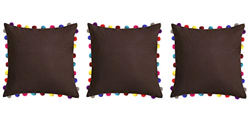 Image of Lushomes Cushion Cover 24x24, Boho Cushion Covers, Sofa Pillow Cover, Cushion Covers with Tassels, Cushion Cover with pom pom (24x24 Inches, Set of 3,Brown)