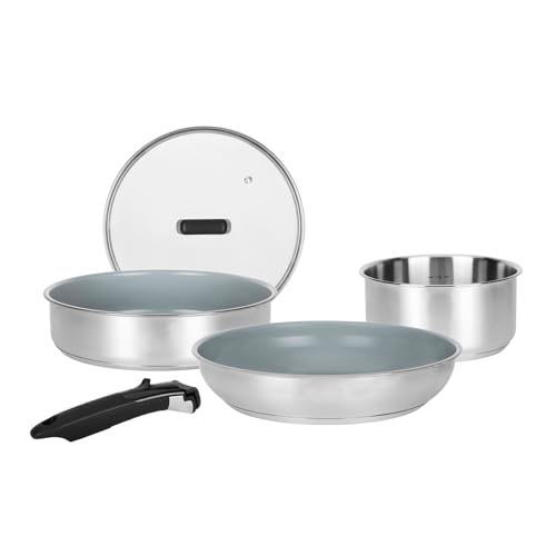 Sitram 716744 Batterie de Cuisine inox 5 pcs : 1 manche amovible, 1 casserole Ø18cm, 1 Poêle Ø28cm, 1 Sauteuse Ø24cm, 1 Couv verre - Revêtement Antiadhésif Sain en...