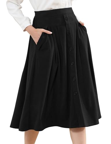 Womens Corduroy Skirts Vintage High Waist Button Long Pleated Skirts A-line Midi Skirt with Pockets Fall Winter, Black, Medium