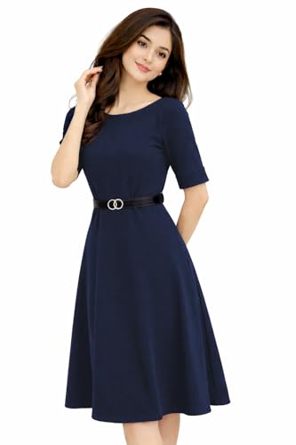 Image of Women's Elegant Midi Dress with Belt | Half Sleeve Fit & Flare Casual Dress | Knee Length Office Party Western Dress for Women