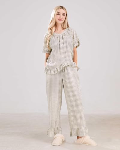 Womens Gingham Pajama Set 2 Piece Short Sleeve Babydoll Shirt and Pants Lounge Set Cute Sleepwear2