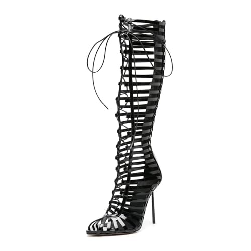 Women's Stiletto Knee High Boots Punk Style Back Zipper Peep Open Toe Sky High Heeled Clear Tall Boots Hollows Out Strappy Lace Up Boot For Women