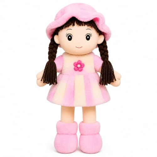 Image of Soft Plush Doll for Kids | Cute Rag Doll with Braided Hair & Cap | Washable Stuffed Toy for Girls & Boys | Birthday Gift for Kids (Multicolor) (Multicolor Fur Doll 42 cm)