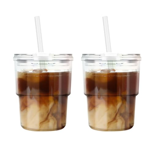 Luxfuel 13oz Glass Tumbler with Straw and Lid，Reusable Iced Coffee, Tea, Smoothie, and Water Cup,...