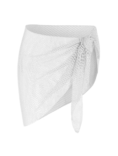 Image of ZAFUL Sarong Coverups for Women Beach Vacation Fishnet See Thru Tie Side Bathing Suit Cover Up Mini Skirt (1-White, One Size)