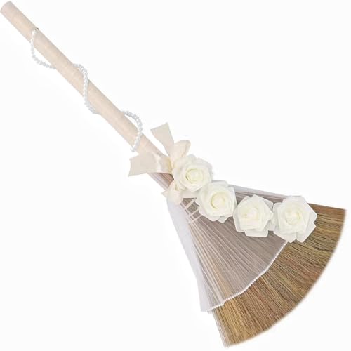 Wedding Broom for African American Jumping Ceremony, Decorative Jump Broom DIY Wedding Decor, Pearl Yarn Pearl Chain with Ribbons Artificial Pearl Roses