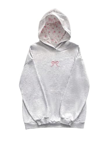Floerns Women's Cute Bowknot Long Sleeve Hooded Sweatshirts Floral Hoodie Pullover Grey Large
