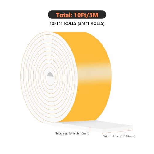 Image of Weather Stripping,High Density CR,Reduce Noise,4 in x 1 /4 in x 10Ft | Weather Stripping,Soundproof,Cold Insulation,Foam Insulation Tape for Door,Front Door Frame,Windows,Sliding Door,White