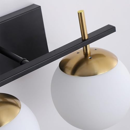 Image of Mid Century 2-Light Bathroom Vanity Light Over Mirror, Black and Gold Modern Bathroom Light Fixtures with Milky White Frosted Glass Globe Shade, Wall Sconces for Bathroom, Stairs, Kitchen
