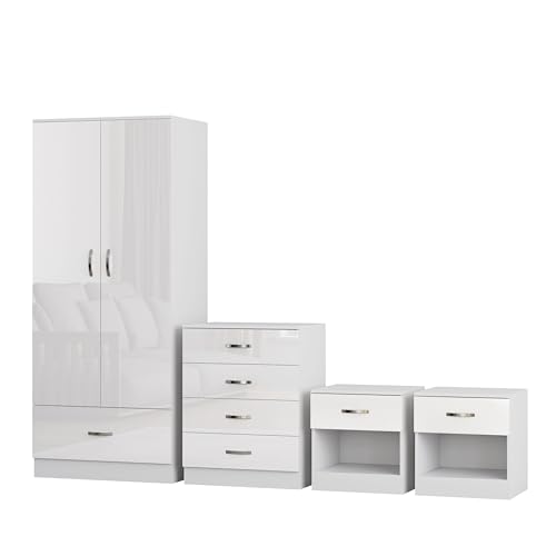 Nera Gloss White 4 Piece Bedroom Furniture Set 2 Door Wardrobe with Drawer Chest of Drawers & Two Bedside Table Bedroom Set