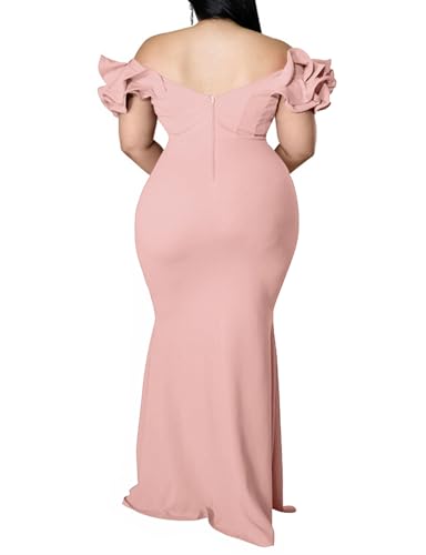 Image of Ekaliy Women's Plus Size Maxi Dress Elegant V-Neck Ruffle Sleeves Bodycon Mermaid Evening Gown