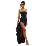 Women's Off Shoulder Backless Ruched Bodycon Dress Sexy Strapless High Split Long Maxi Dresses for Party Cocktail Black