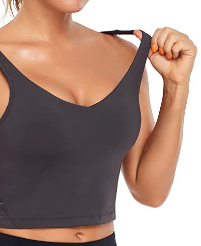 Image of Oalka Sports Bra Womens Longline Padded Crop Yoga Tank Tops | Built in Bras, Workout, Athletic, Fitness, Super Soft, Comfort, Cropped Top, Removable Pads, Heart Neckline For Women