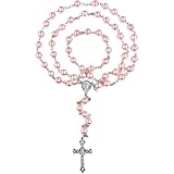 FLAFARY Rosary Set, First Communion for Girls and Boys, Rosary Beads Catholic for Men, Women and Kids Packed in Transparent Plastic Bag, Grandmother, Elders(Pink)