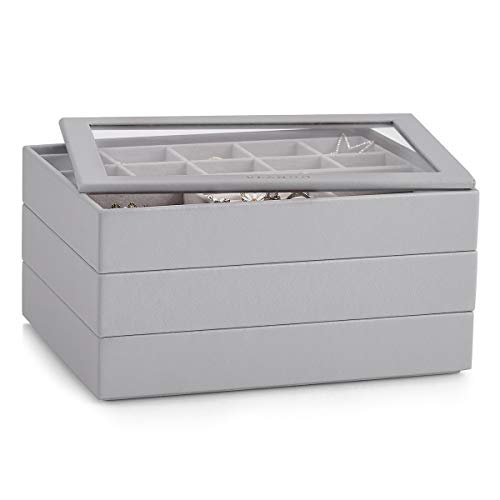 Vlando Jewelry Tray Jewelry Organizer for Drawer Jewelry Organizer Tray Jewelry Drawer Organizer Stackable Jewelry Organizer Trays Drawer Jewelry Organizer 4 in 1-Grey
