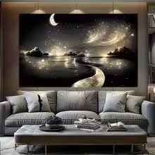 Toile abstraite moderne nuit étoilée et lune affiche décoration murale noire 70x100cm