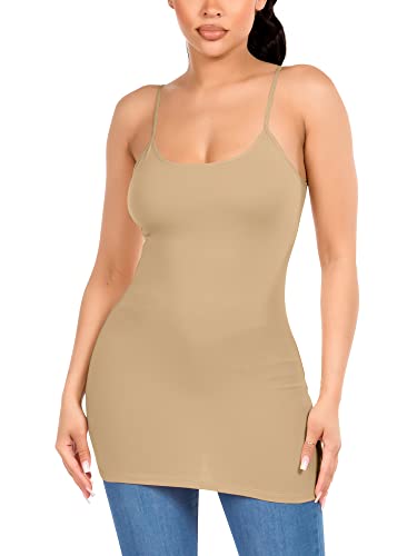 Image of Long Cotton Camisole Tank Tops for Women | Basic Braless Layering Tops with Adjustable Spaghetti Straps
