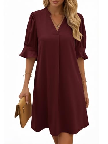 Cicy Bell Damen Sommerkleid Elegant Halbarm Hemdkleid V Ausschnitt Party Kleider Freizeitkleider Einfarbig Midikleid Casual A Linien Kurzes Kleid Weinrot M