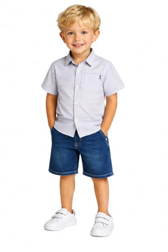 Image of DKNY Toddler Boys 2 Piece Button Down Shirt and Denim Shorts Set | Woven Short Sleeve Shirt With Matching Pull On Denim Shorts, Breezy Lightweight Comfort for Everyday Summer Play