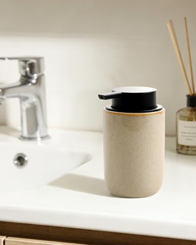 Image of BosilunLife Lotion Pump Dispenser - Hand Soap Dispenser Bathroom Ceramic Dish Liquid Soap Dispenser for Bathroom, Kitchen, Countertop Soap Dispensers (Greige with Speckle, Liquid Pump)