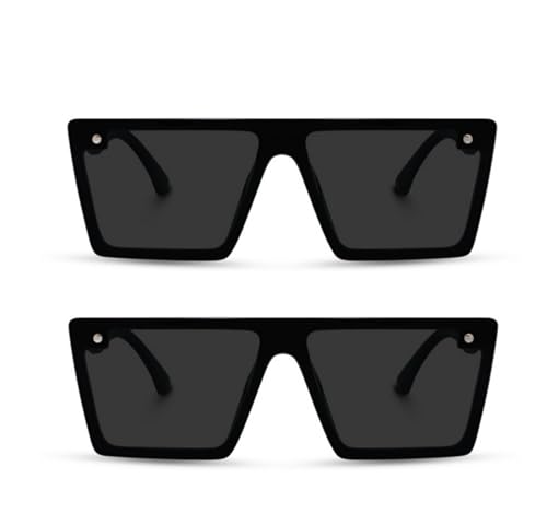 Image of Square Sunglasses for Men & Women UV400 Stylish Flat Top Fashion Black Shades