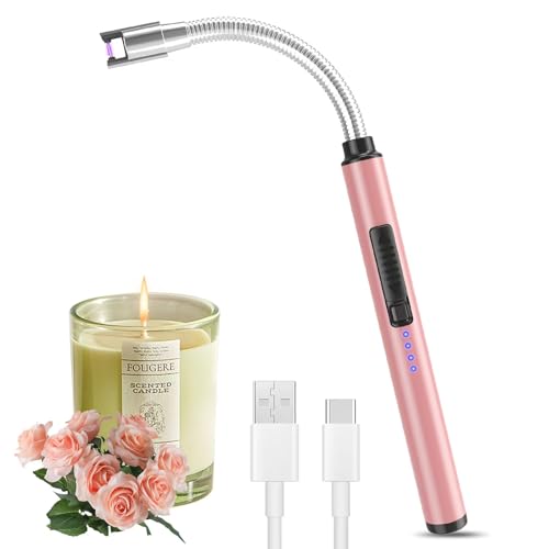 Encendedor de velas, resistente al viento, sin llama, USB, recargable, con bloqueo de seguridad, para cocina, barbacoa, velas, estufa de gas, barbacoa, fuegos artificiales (oro rosa)
