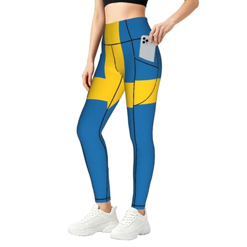 Pantalones de yoga para mujer con estampado de bandera sueca y bolsillos laterales