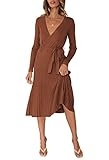 VamJump Women's V Neck Long Sleeve Wrap Sweater Dress Fitted Ribbed Knit Pleated Maxi Dress, Coffee S