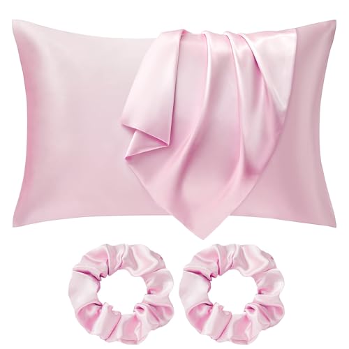 Seiwohl Satin Pillowcases for Hair and Skin 2 Pack & Satin Hair Scrunchies 2 Pcs Set, Silky Silk Pillow Cases with Envelope Closure, Blush Pink, Standard Size 50x75 cm