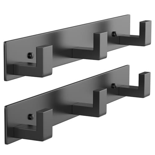 Image of PMMASTO Wall Mounted Coat Hooks- Stainless Steel Rust-Resistant Bathroom Hangers for Towels /Hats /Coats, Heavy-Duty Wall Mount Hooks with Screws (Black 3 Hooks, 2-Pack)