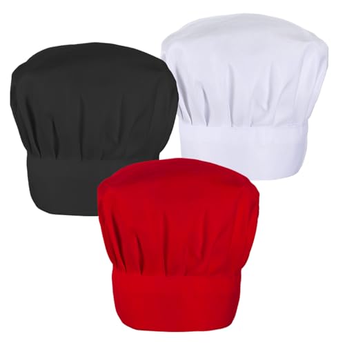 Lusofie 3 gorros de cocinero para hombre, gorro de chef para mujer, ajustable, gorro de cocinero, adultos, unisex, suave, transpirable, sombrero de cocinero, de algodón, disfraz de cocina profesional