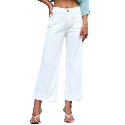 Viatabuna Cropped Wide Leg Jeans for Women Summer Mid Waisted Straight Leg Crop Jeans Loose Ankle Length Stretchy Denim Pants