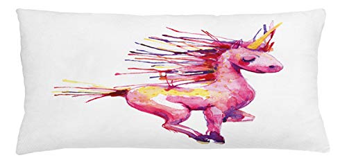 Lunarable Fantasy Throw Pillow Cushion Cover, Unicorn Dream Creature in Watercolor Art Girls Design, Decorative Square Accent Pillow Case, 36