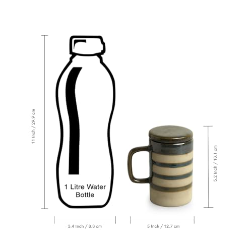 Image of ExclusiveLane 'Teal Stripes' Ceramic Green Tea & Coffee Mug with Lid (Non Air-Tight, 320 ml, Microwave Safe)|Hand Glazed Ceramic Green Tea & Coffee Mug with Lid Drinkware Ceramic Green Tea Mug
