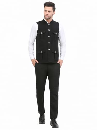 Image of FH Wearza Polywool tweed Solid multipocket Sleeveles Nehru Jacket For Men