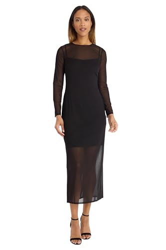 Donna Morgan Women's Dresses Long Sleeve Midi Dress - Sheer Mesh Overlay, Perfect Cocktail, Going Out, Birthday, or Date Night Dress, Black, 2