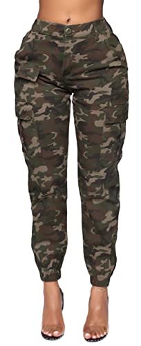 Double Denim January 5th High Waist Cargo Pants for Women – Baggy Stretchy Fleece Lined Casual Sweatpants with 6 Pockets Camo