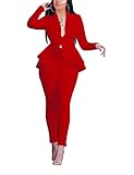 Womens Casual 2 Piece Outfits V Neck Long Sleeve Ruffle Hem Blazer Tops Skinny Long Pants Set Suits Red