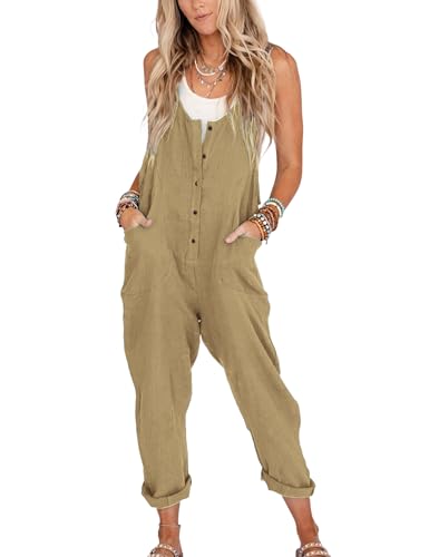 Yeokou Womens Overalls Linen Cotton Jumpsuits Loose Casual Jumpers with Pockets(DarkKhaki-L)