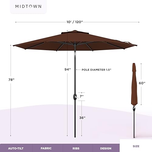 Image of Midtown Umbrellas - The Lean 10 Ft Patio Umbrella with 10-Year-No-Fade Acrylast Acrylic Fabric, Auto-Tilt and 8 Reinforced Ribs for Deck, Pool, Garden, Hotel & Cafes - Cedar Wood Canopy, Black Pole