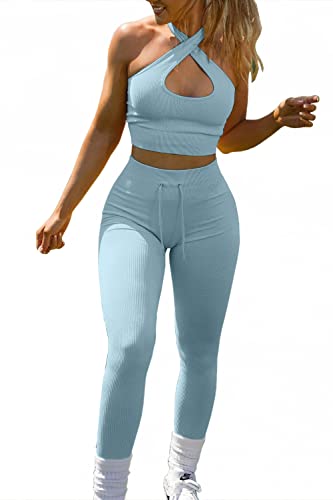 QINSEN Seamless Workout Set Cropped Tank Tops for Women 2 Piece High Waisted Ruched Back Yoga Outfits Exercise Leggings Dusty Blue S