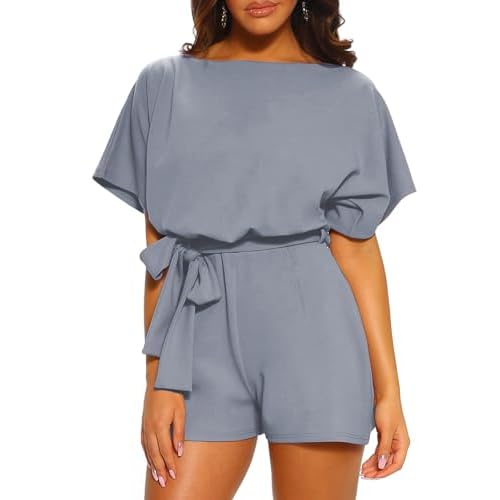 YIJIU Women's Summer Rompers Keyhole Back Short Sleeve Belted Short Jumpsuit Playsuit Large Gray