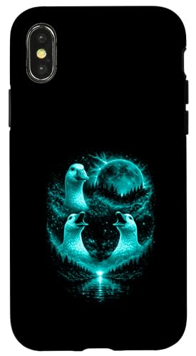 Funny 3 Howling Silly Goose At The Ice Blue Full Moon �����Y �X�}�z�P�[�X iPhone X/XS �p