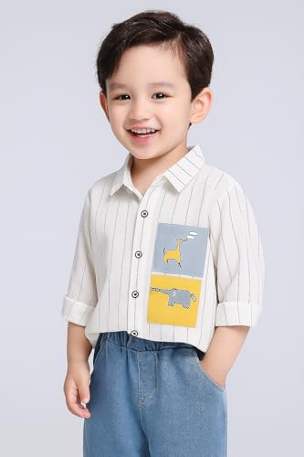 Image of Bold N Elegant Boys Cotton Muslin Shirt with Jeans Casual Outfit for Kids | Soft Stripe Shirt with Denim Pant Party Dress for Boys