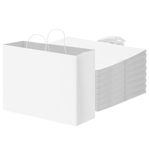 OUTUXED 60pcs 16x6x12 Inch White Paper Bags with Handles Kraft Large Paper Gift Bags for Business Merchandise Gifts Shopping Retail Stores Birthday Party