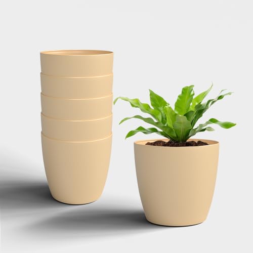 Image of YUCCABE ITALIA SHERA Stella 8 Inch Plastic Plant Pot for Home Decor Indoor Plant Pots for Living Room Plastic Flower Pot for Garden (Beige, 8 INCH - 6 Pcs)