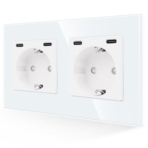 Prise double secteur avec port USB C blanc en verre pour cuisine et salon