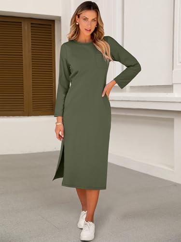 Image of ANRABESS Womens 3 /4 Sleeve Midi T Shirt Fall Dresses | Striped Solid Floral,Long Sleeve Slit Crew Neck &Chest Pocket,2026 Fall Outfits,Casual Travel Vacation Clothes,Summer Spring
